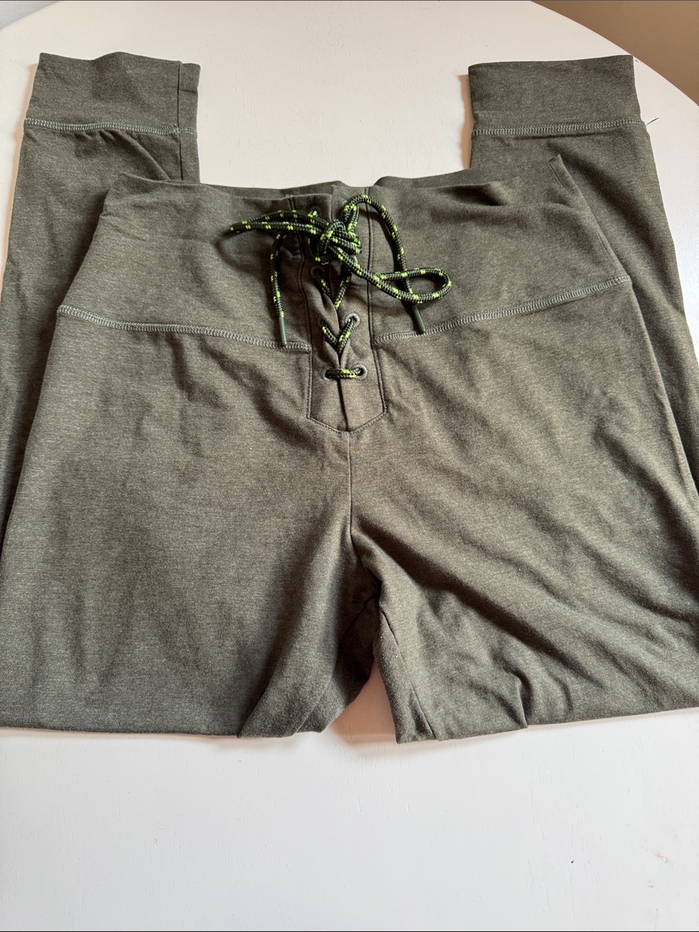 aerie Olive Green Lace Up Leggings with Lime Drawstring